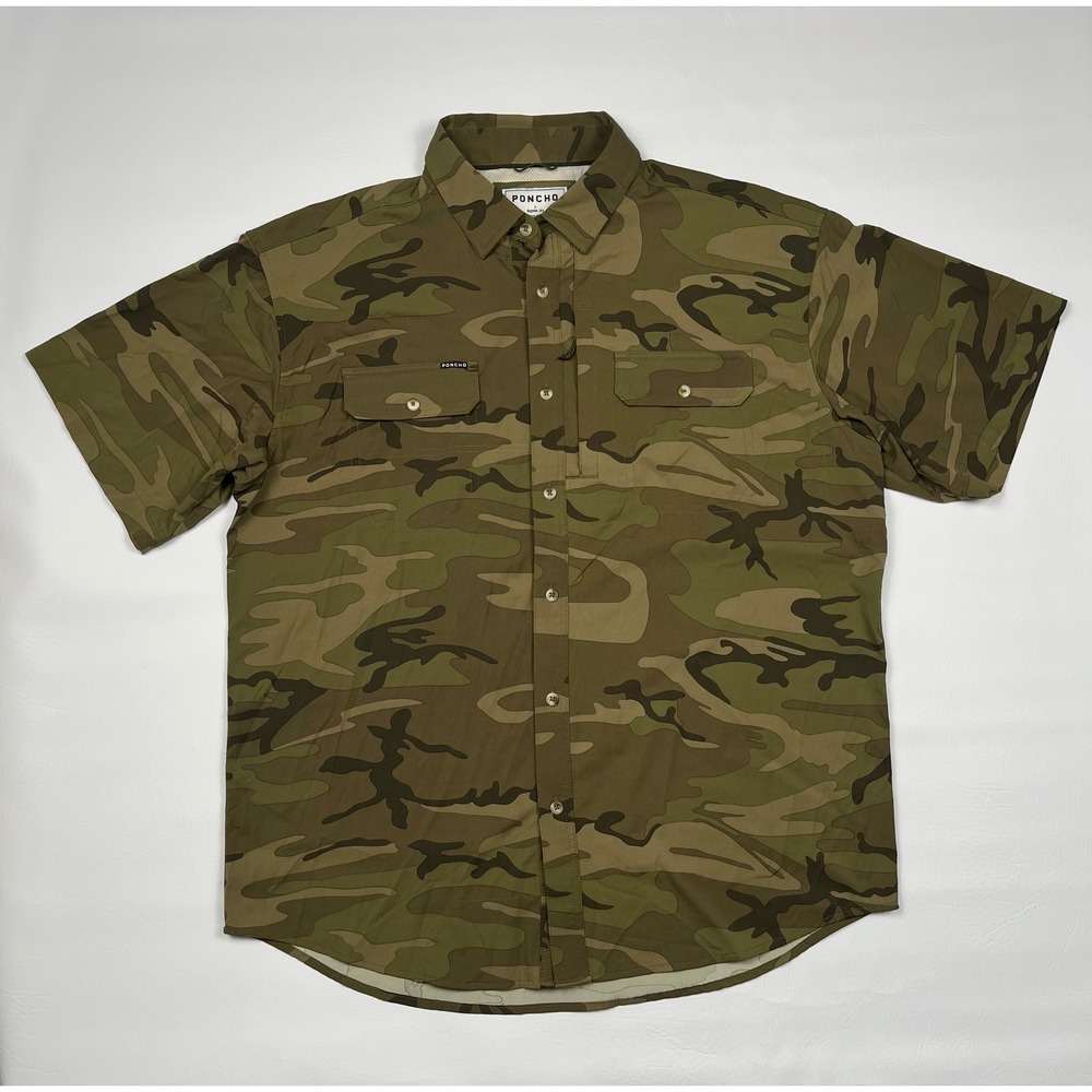 Poncho Short Sleeve Button Down Mens Large Camo Performance Fishing Shirt